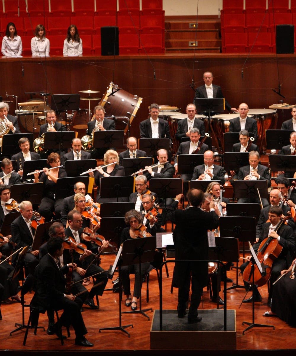 Symfonieorkest in vol ornaat op het podium, dirigent met de rug naar de zaal.